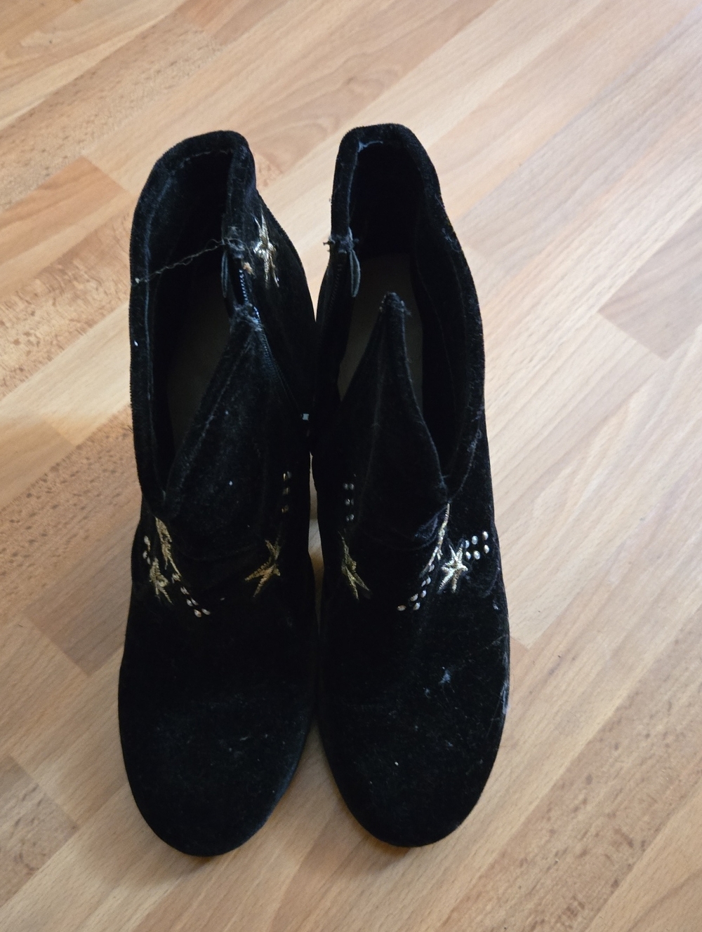 Black Velvet Ankle Booties with Gold Star Embroidery
